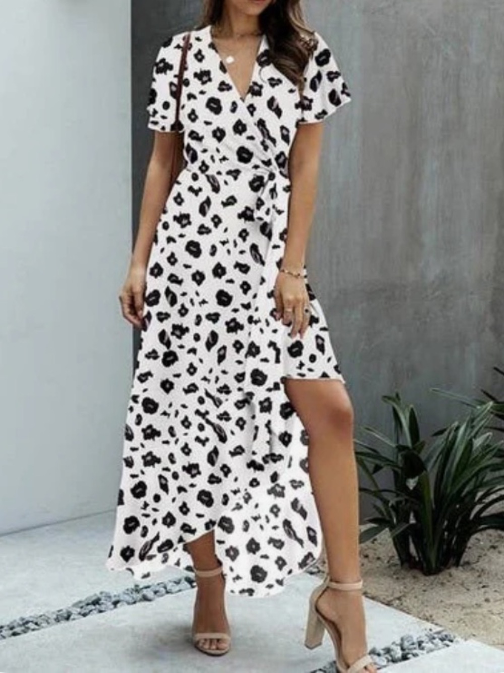 1173.  White and Black Leopard Print Maxi Wrap Dress